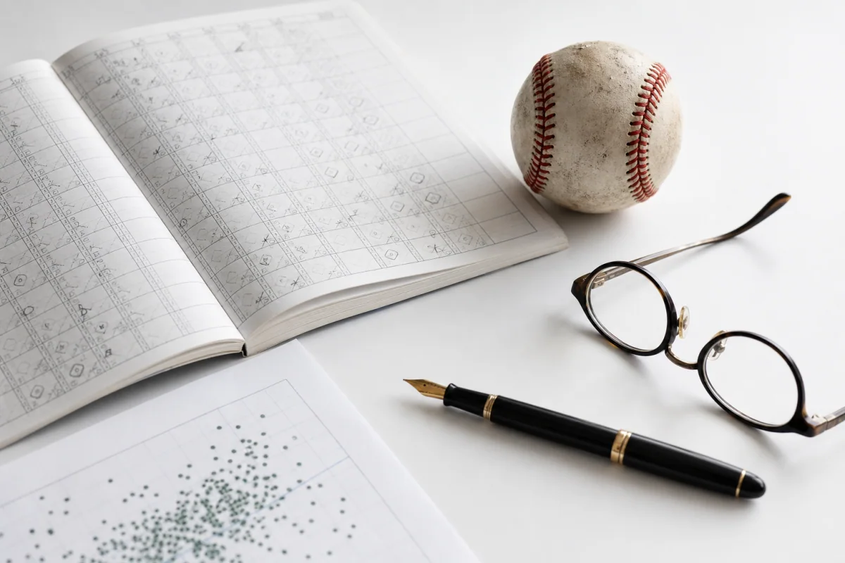 An open paper baseball scorebook with pencil annotations beside a worn baseball, reading glasses, and a fountain pen on a clean white desk.