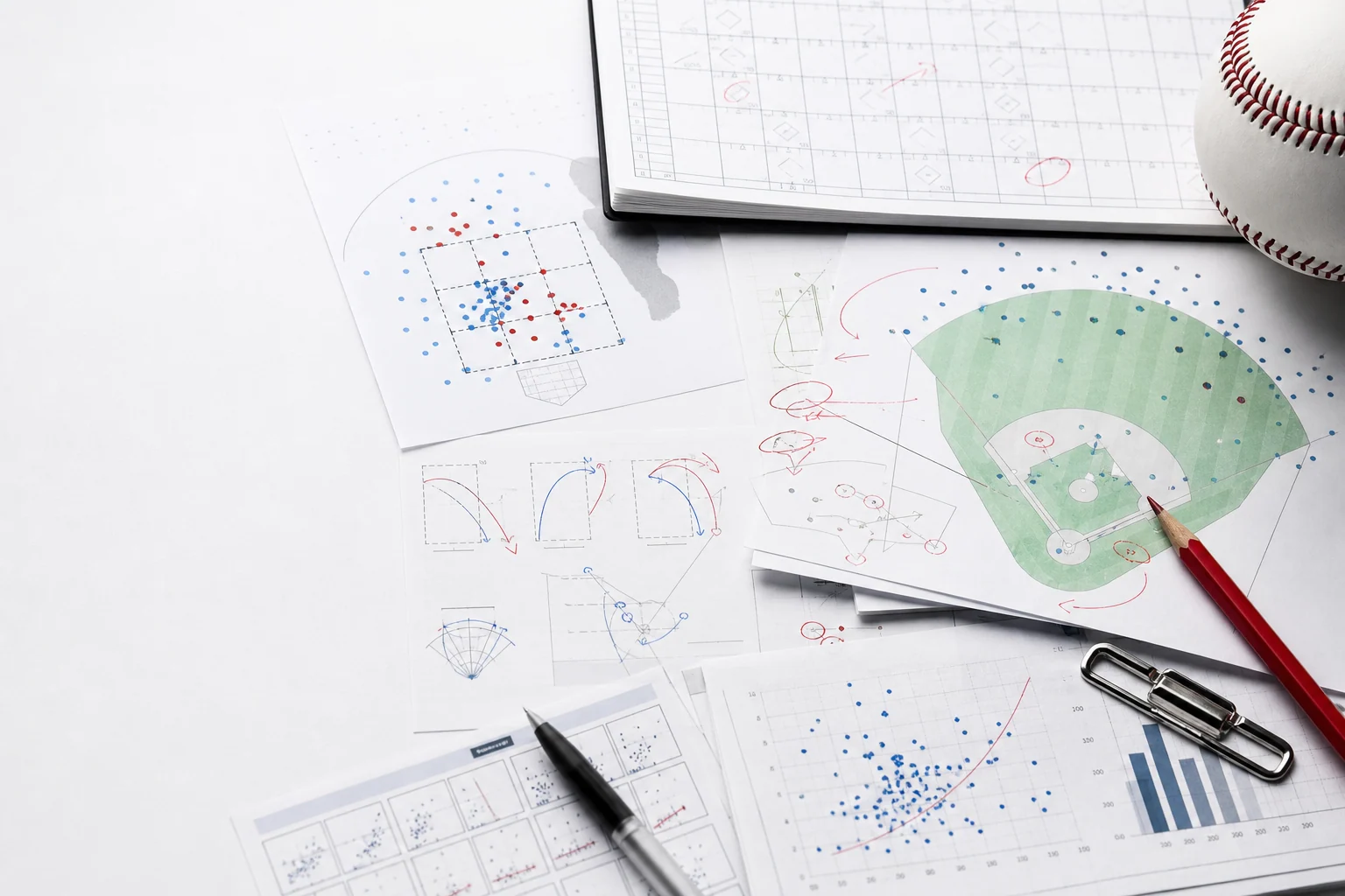 A refined editorial layout of baseball research materials, scorecards, pitch diagrams, and data sheets arranged on a clean white surface.