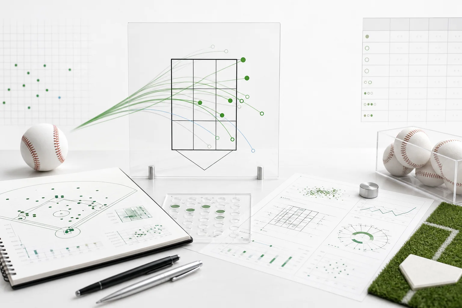 A professional data workstation scene showing baseball tracking visuals, game report sheets, and a strike-zone grid in a clean white editorial style.
