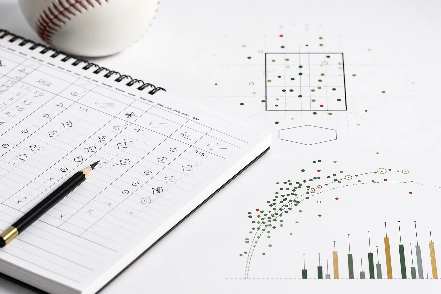 A polished editorial baseball analytics scene with a strike-zone study, scorebook marks, and pitch-tracking traces on a clean white desk.