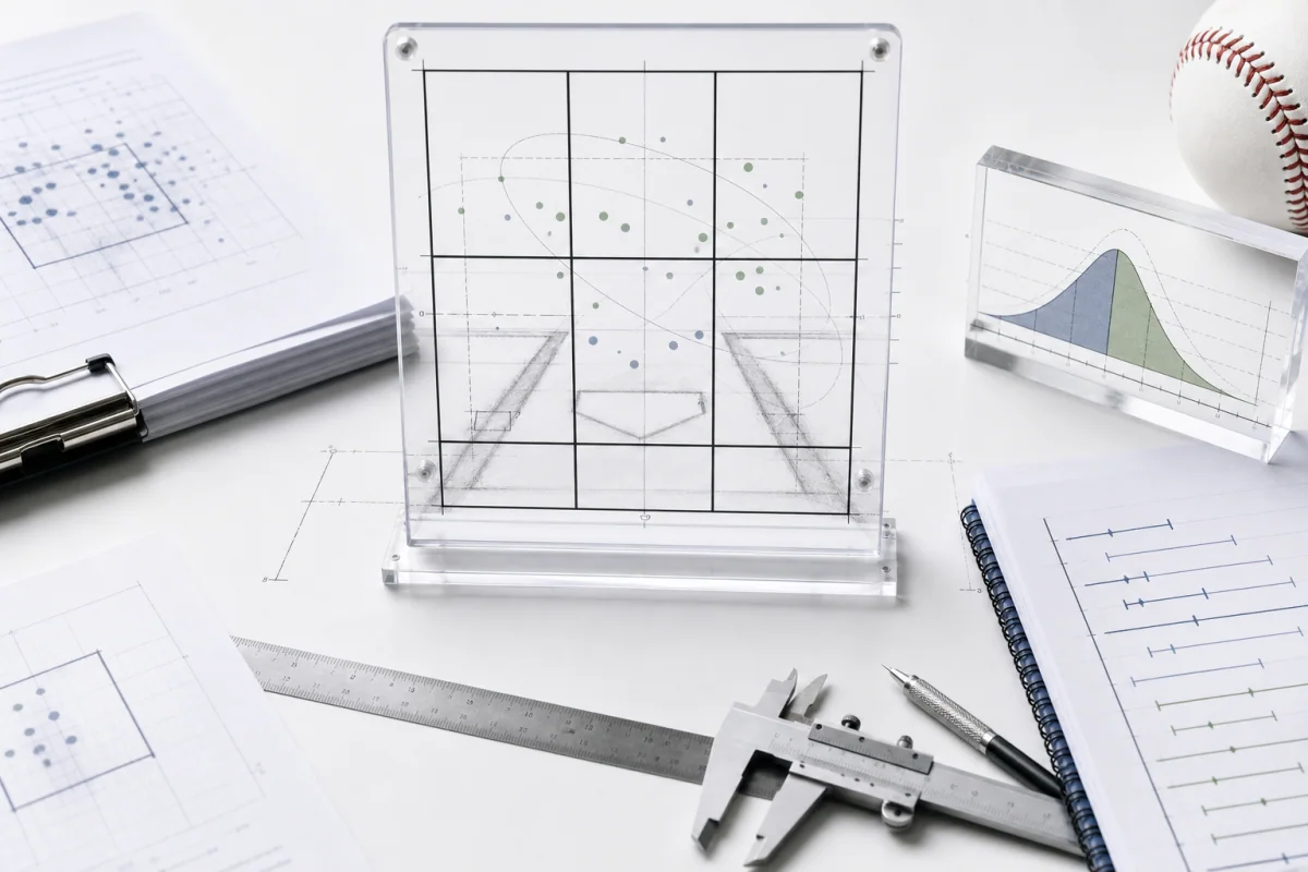 A precise baseball methodology scene with a calibrated strike-zone frame, measurement overlays, audit papers, and statistical validation materials.