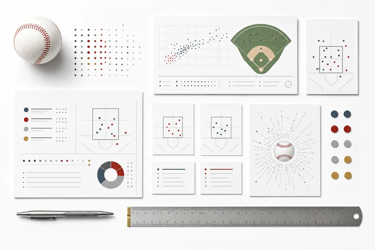 A clean baseball metrics reference scene with strike-zone diagrams, formula sheets, pitch-location dots, and measurement tools on a white desk.